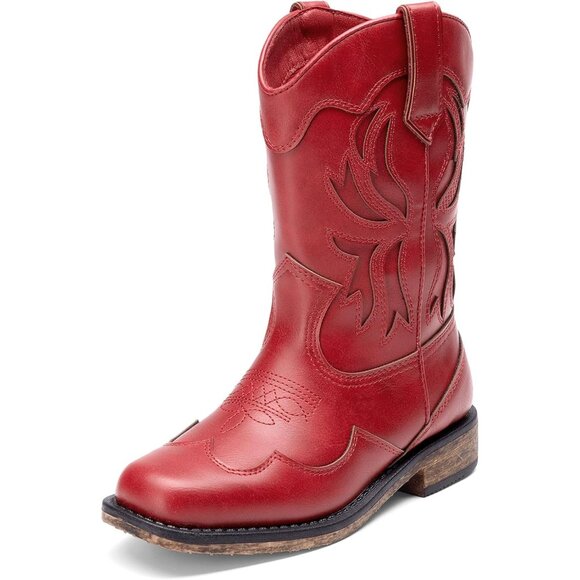 ⚡Girls Red Square Toe Mid Calf Cowgirl Boots Western Fashion Riding Shoes - Picture 1 of 6